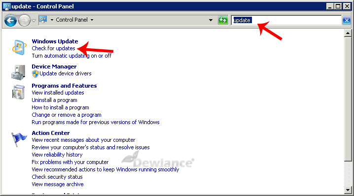 update windows option in control panel